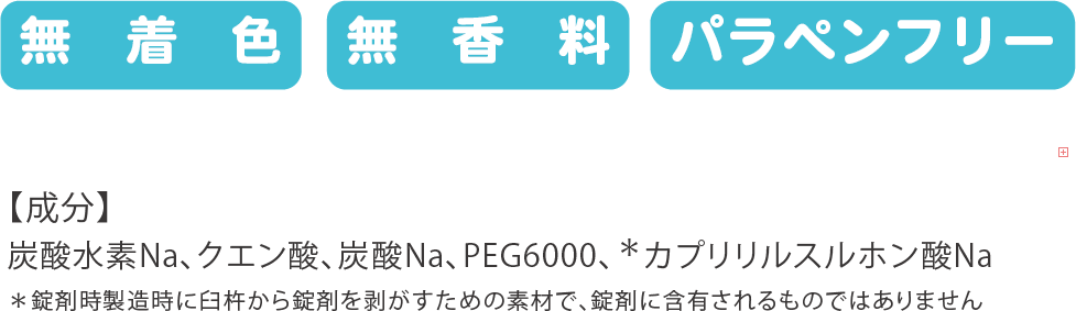 無着色・無香料・パラペンフリー
【成分】炭酸水素Na、クエン酸、炭酸Na、PEG6000、＊カプリリルスルホン酸Na
＊錠剤時製造時に臼杵から錠剤を剥がすための素材で、錠剤に含有されるものではありません